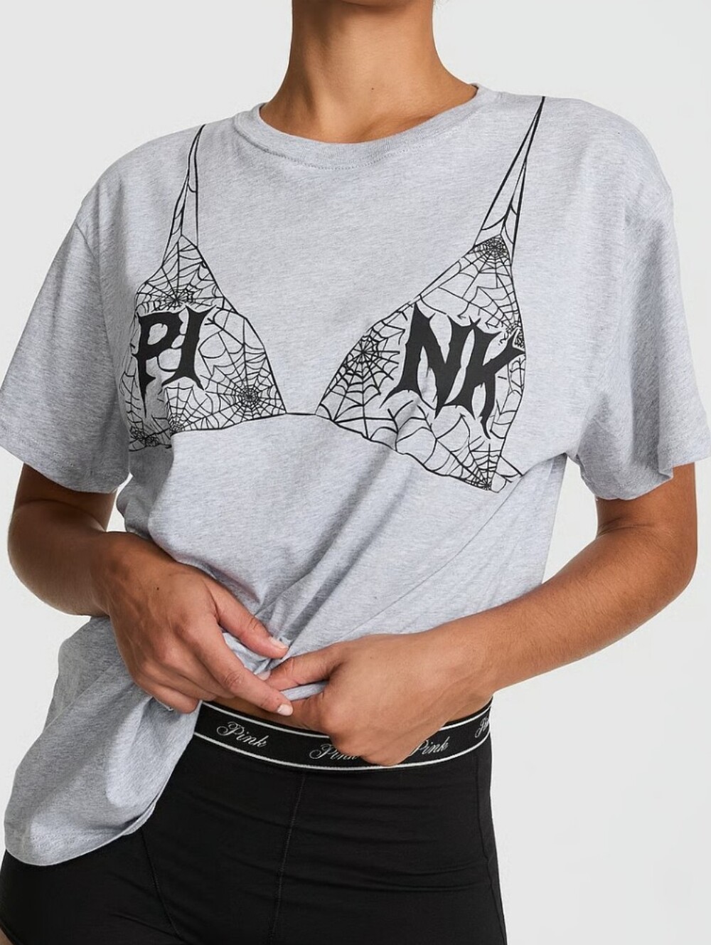 VS PINK Halloween Campus Cotton Tee Heather Grey Spider Web Size Large